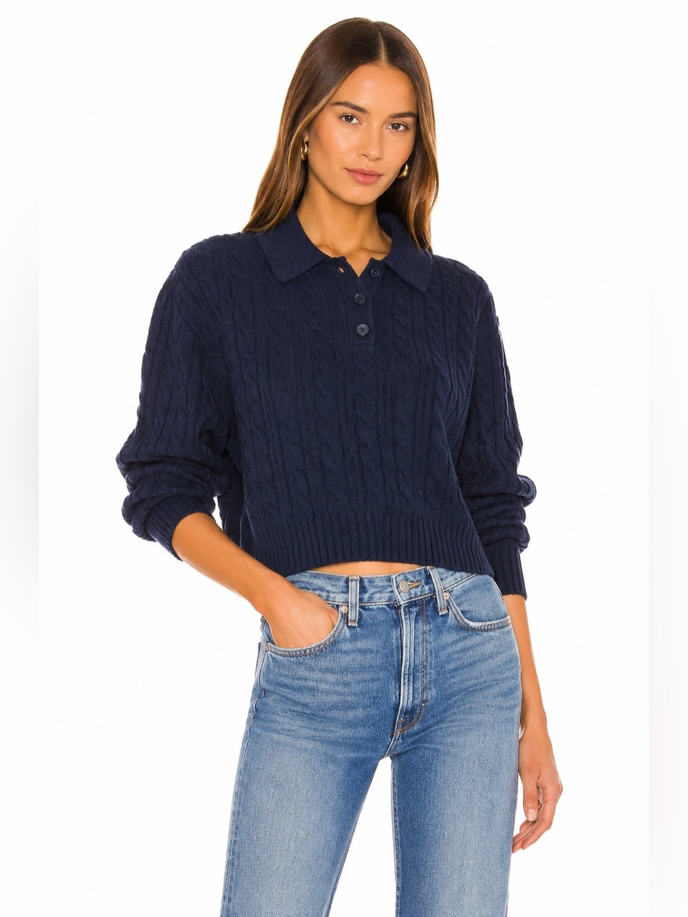 Aritzia Navy Cable-Knit Polo Sweater wool blend Women
